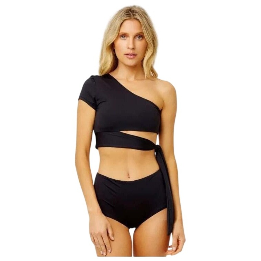 Frankies Bikinis One Shoulder Top Women XS Black NWT Tie wrap Detail Asymmetric